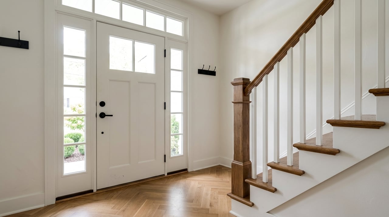 Historic home foyer with an original staircase, plaster details, and a divided-light entry door.