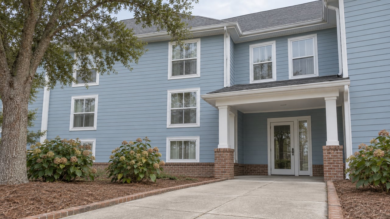 Pale blue condominium exterior with white-trimmed windows, a sheltered glazed entrance, brick foundation and landscaped concrete approach.