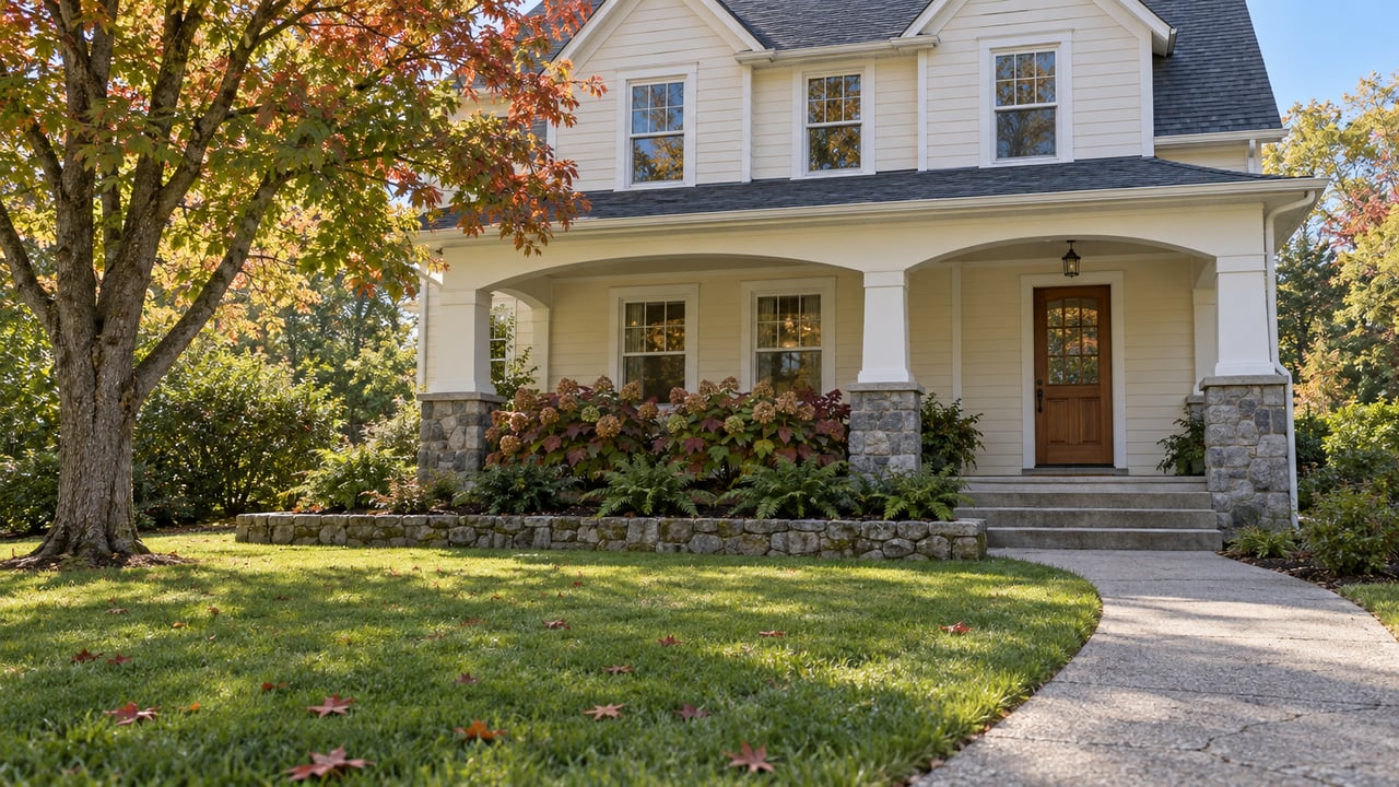 Cream lap-sided home with an arched covered porch, broad front lawn, fieldstone planting edge and maple leaves beginning to turn.