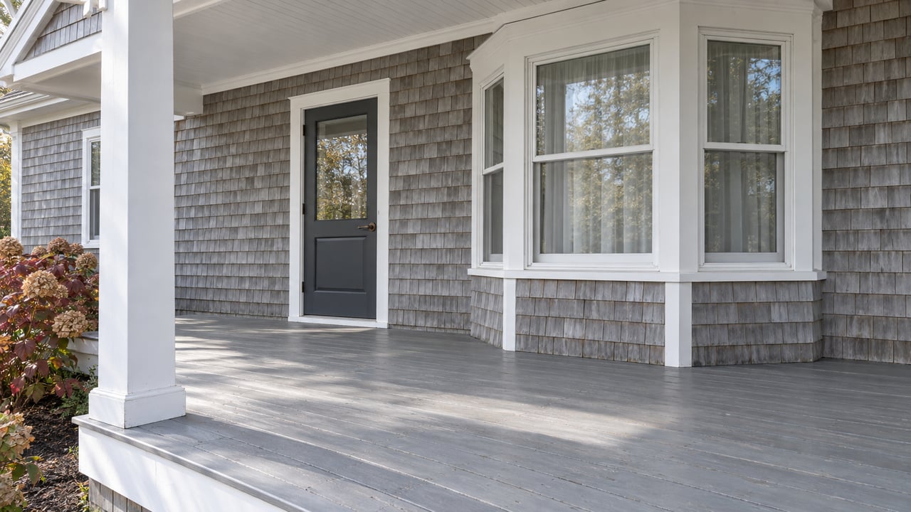 Weathered gray-shingle home with a covered painted porch, charcoal glazed entry door and white-trimmed window bay in soft autumn daylight.