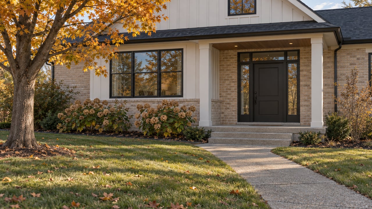 Autumn light on a gabled home with white siding, buff brick, black-framed windows and an open lawn beside a concrete entry walk.