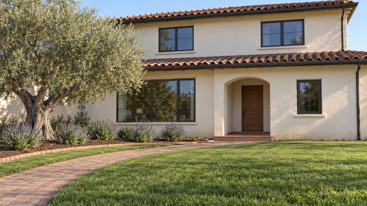 Morning light on an ivory stucco home with a clay tile roof, deep front lawn, brick entry path and mature olive tree.