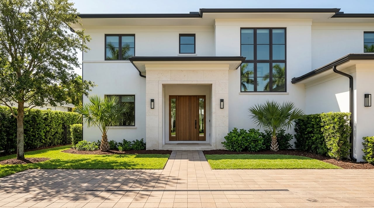 Stucco home entrance, paver walkway, planted beds, and a continuous hedge under open sky.