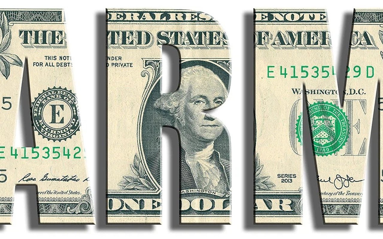 Oversized block letters filled with details from U.S. one-dollar bills.