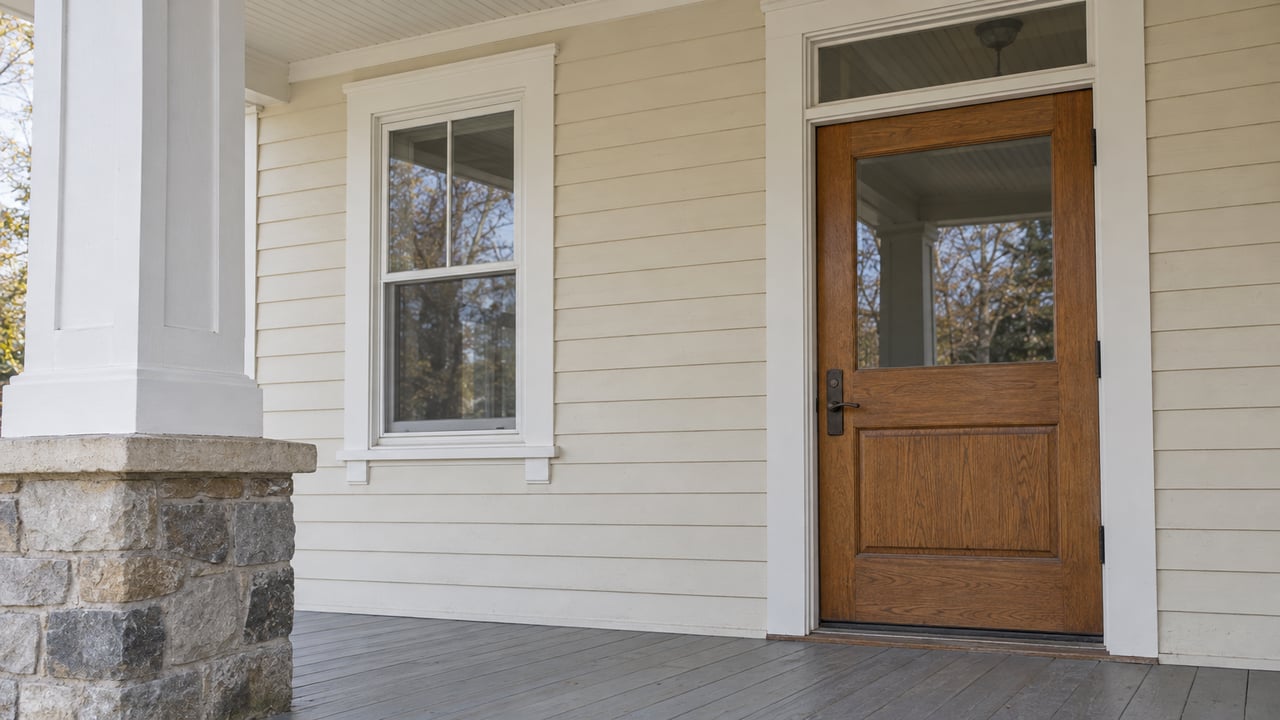 Covered porch with cream clapboard, an oak-and-glass entrance door, white window trim and a stone-based square column.