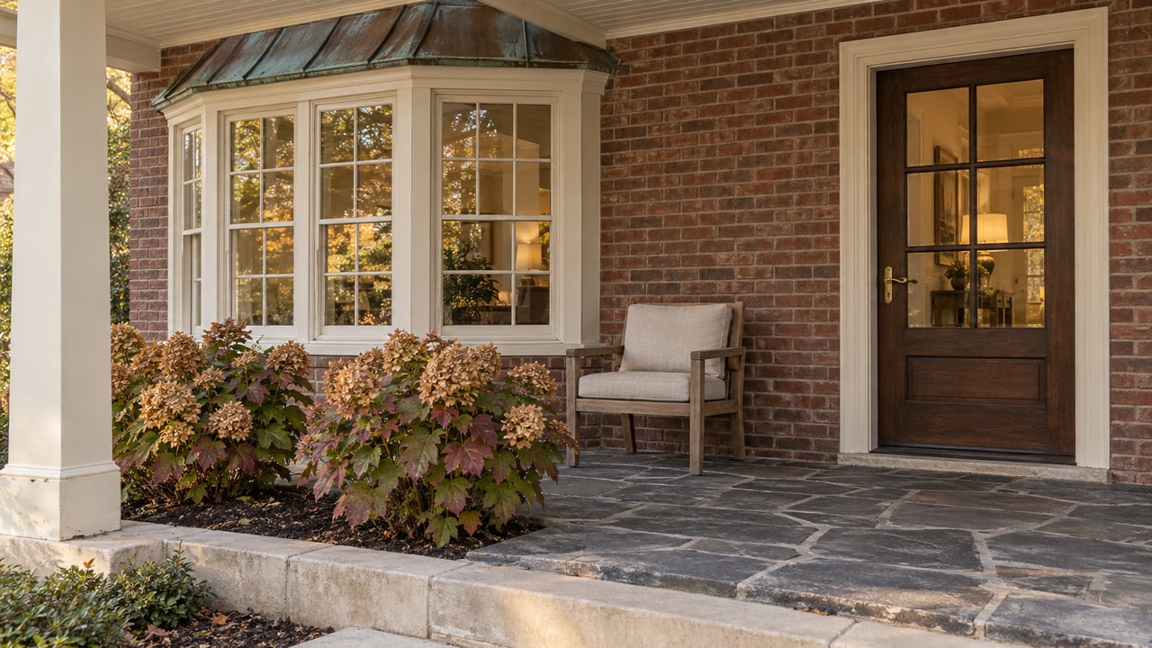 Late-afternoon light across a brick home's covered slate porch, copper-capped bay window, teak chair and autumn oakleaf hydrangeas.