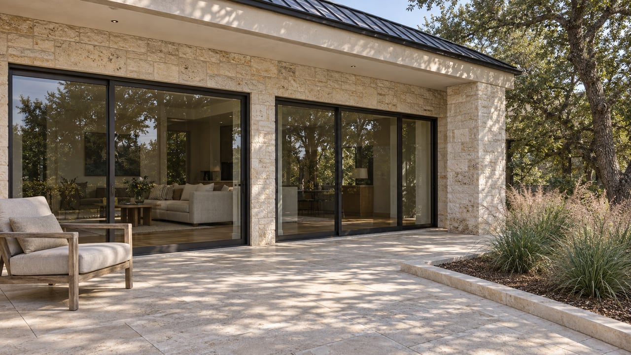 Limestone estate terrace with bronze-framed glass doors, a teak lounge chair and a mature oak beside a raised planting bed.