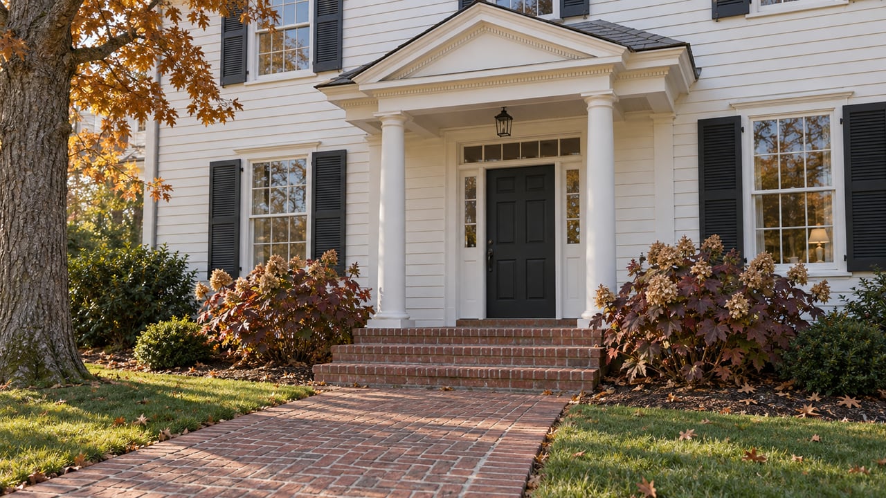 White clapboard home with a columned entrance, weathered brick steps, and burgundy oakleaf hydrangeas beside a deep front lawn.