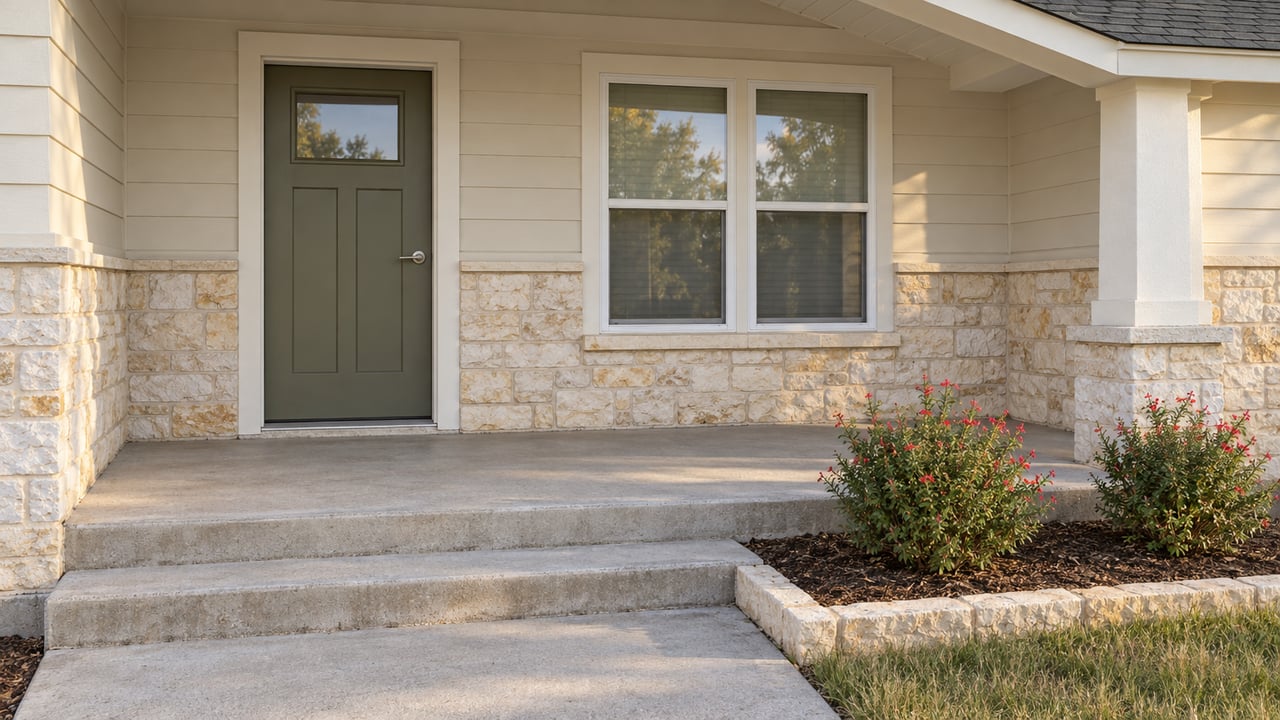 Covered home entry with pale limestone, ivory siding, an olive door and concrete steps beside red-flowering salvia.