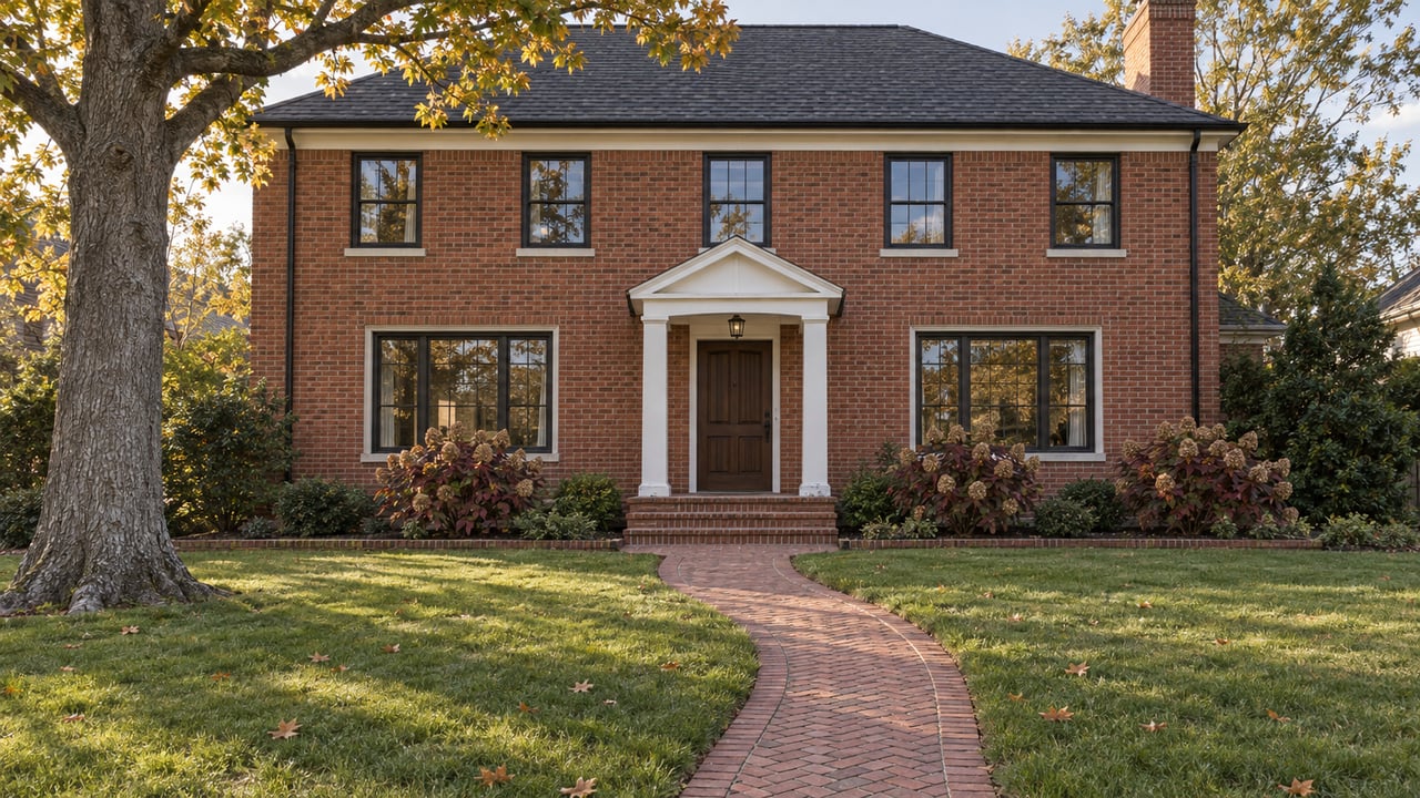 Two-story red-brick home with black-framed windows, a columned entry and a curving brick walk across an autumn lawn.