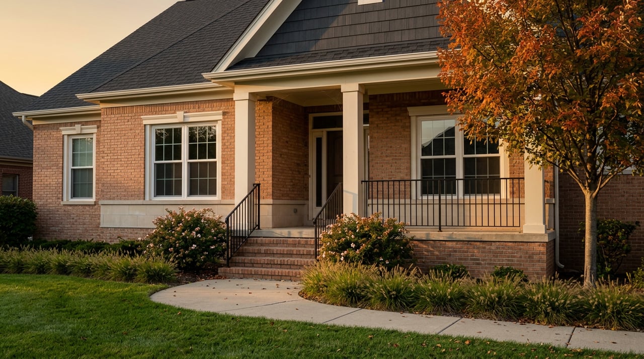 Two-story brick-and-stone home with white porch columns, a curved walkway, and an orange-red tree canopy.