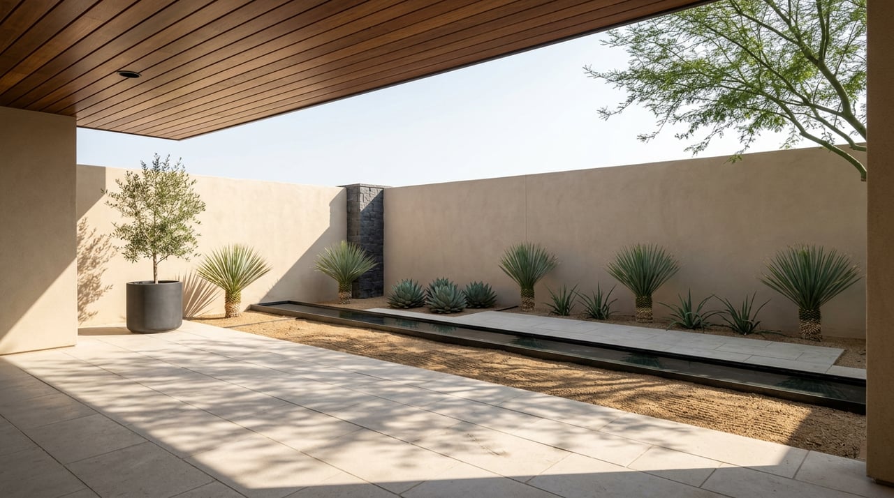 Limestone terrace opens onto a walled courtyard with a basalt water rill, desert plants, and a walnut-slatted canopy.