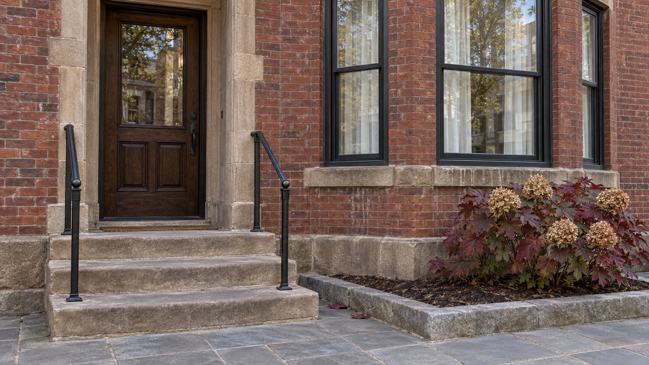 Brick row-house entrance with worn sandstone steps, black-framed bay windows and burgundy oakleaf hydrangea foliage.