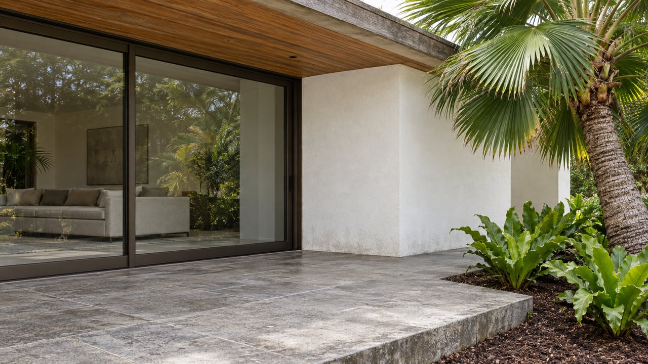 Covered stone lanai beside a white stucco home, bronze sliding glass doors and a sculptural fan palm.