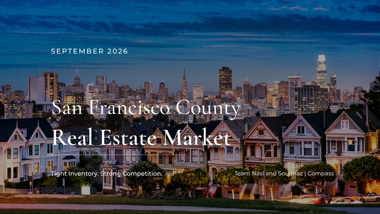 San Francisco County real estate market update for September 2026, with Victorian homes and the city skyline at dusk.