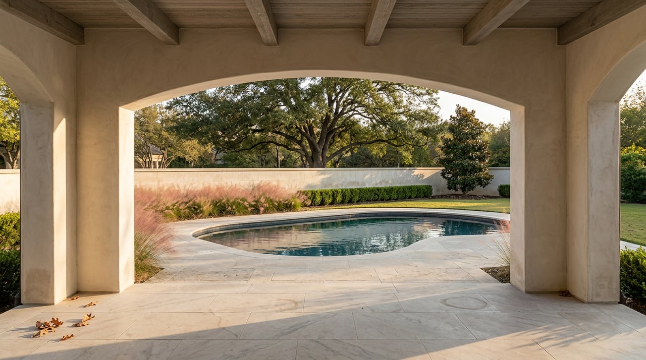 Stone terrace archway frames a blue-green pool, limestone deck, and lawn beneath a broad live oak.