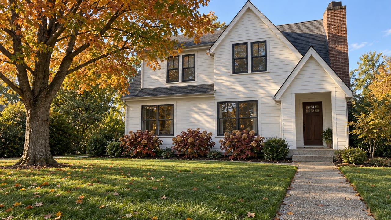 White-sided gabled home with dark window trim, a brick chimney, a broad front lawn and an orange-leaved sugar maple.