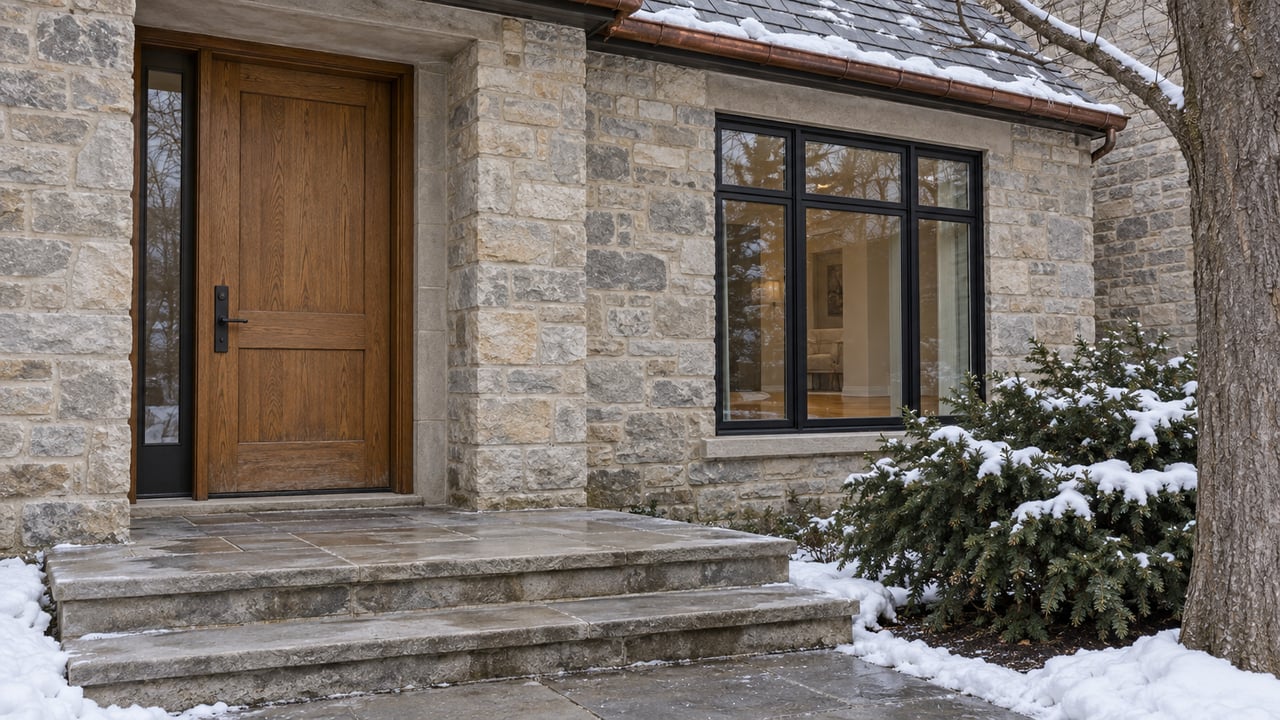 Snow-edged limestone steps lead to a recessed oak door beside a broad window in a stone house.