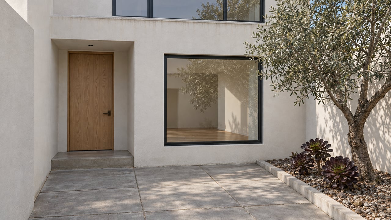 Contemporary stucco home opening onto a paved entry court with an oak door, black-framed windows, and a sculptural olive tree.