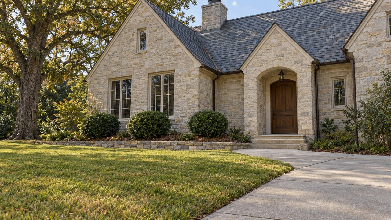Older pale-stone house with a steep slate roof, recessed oak entrance and multi-pane windows beyond a broad lawn and gently curving concrete approach.