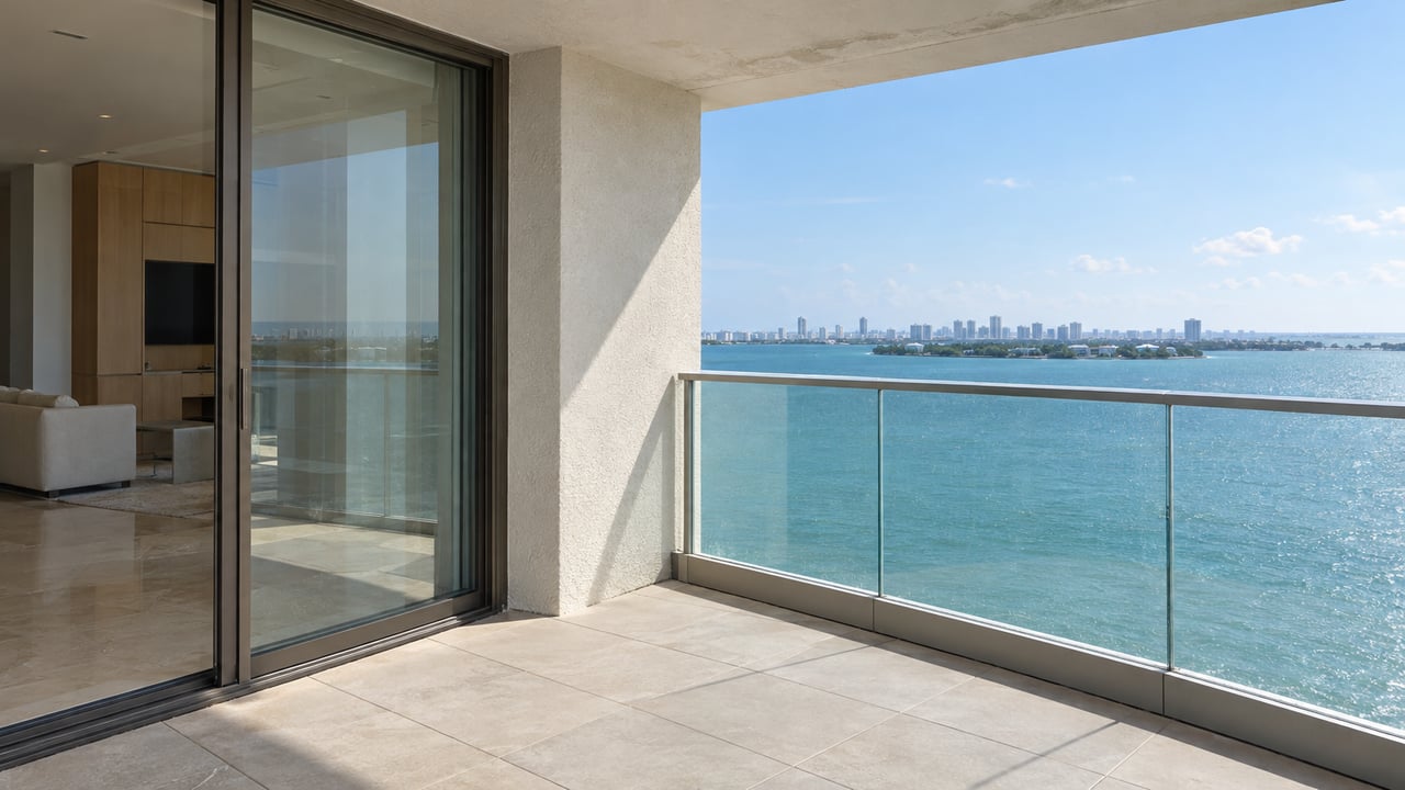 Condo balcony with a closed glass door, concrete pier, glass railing, and turquoise water beyond.