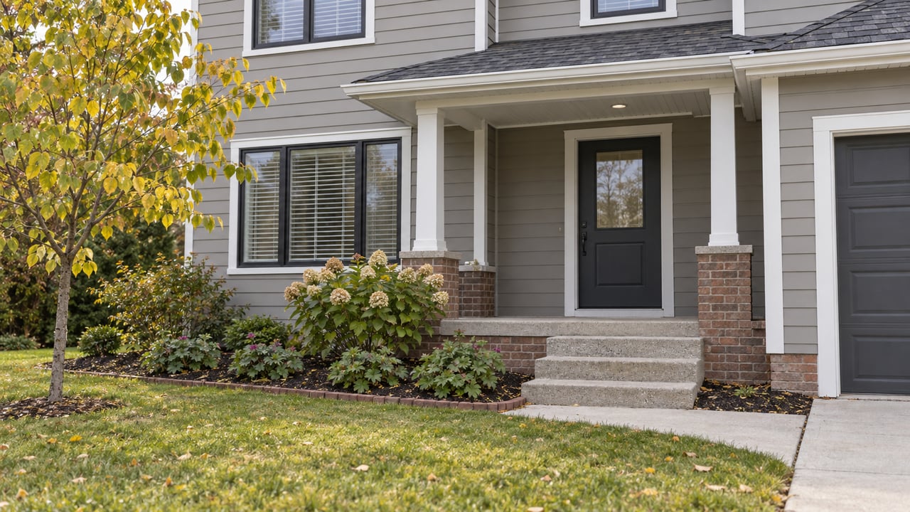 Gray-sided family home with a covered entry, black-framed windows, brick foundation and a deep front lawn in soft autumn morning light.