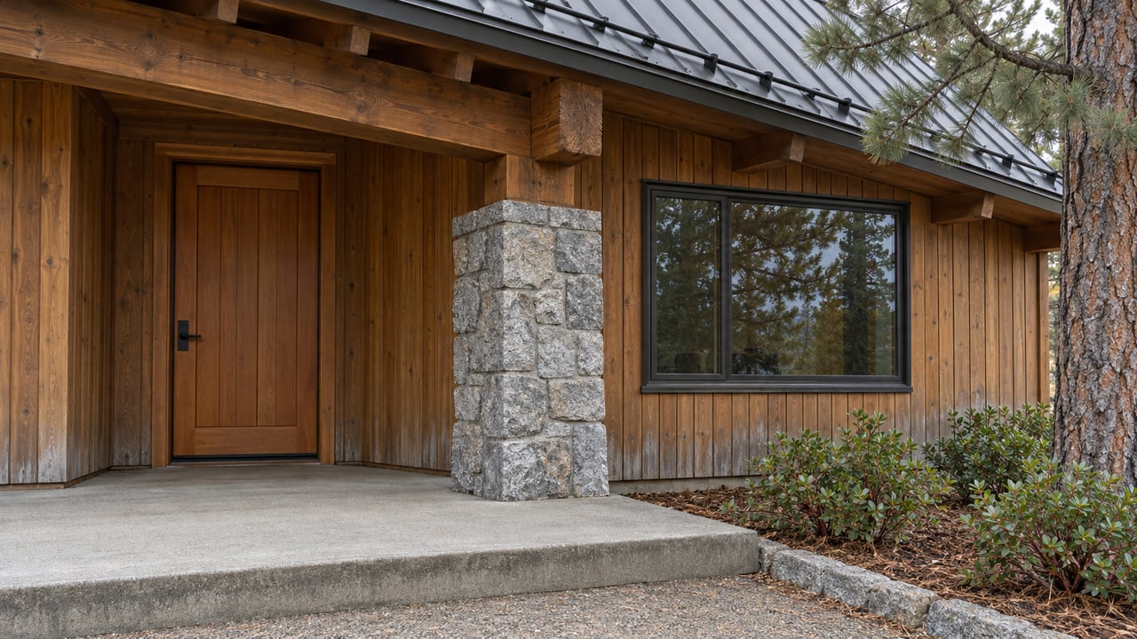 Covered home entry with warm timber siding, a granite support pier, closed wooden door and a broad window beside a pine and manzanita planting bed.