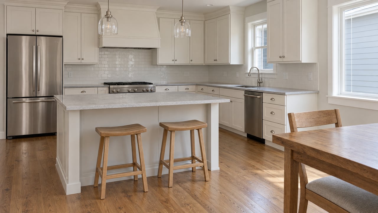 Bright kitchen with warm white cabinets, a pale quartz island, oak stools and an adjoining oak dining table.