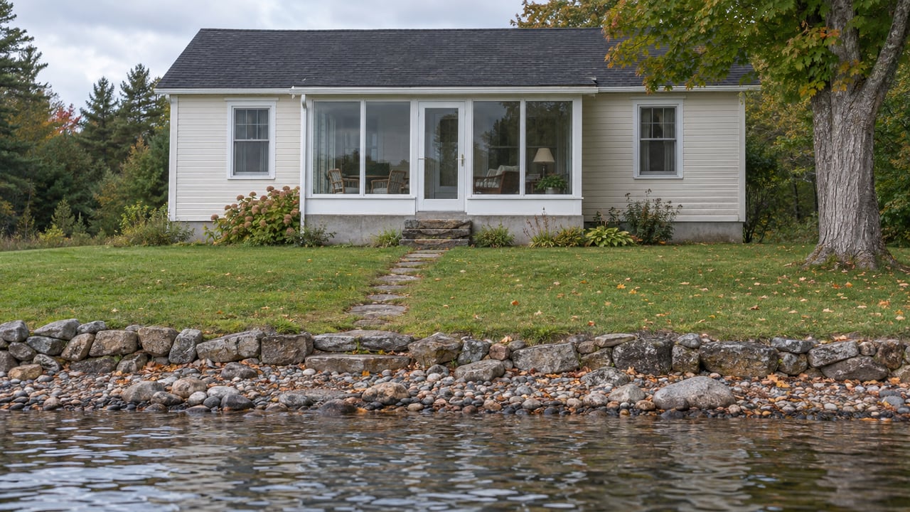 Off-white lakeside cottage with an enclosed glass porch, stone path, and cobbled shore.