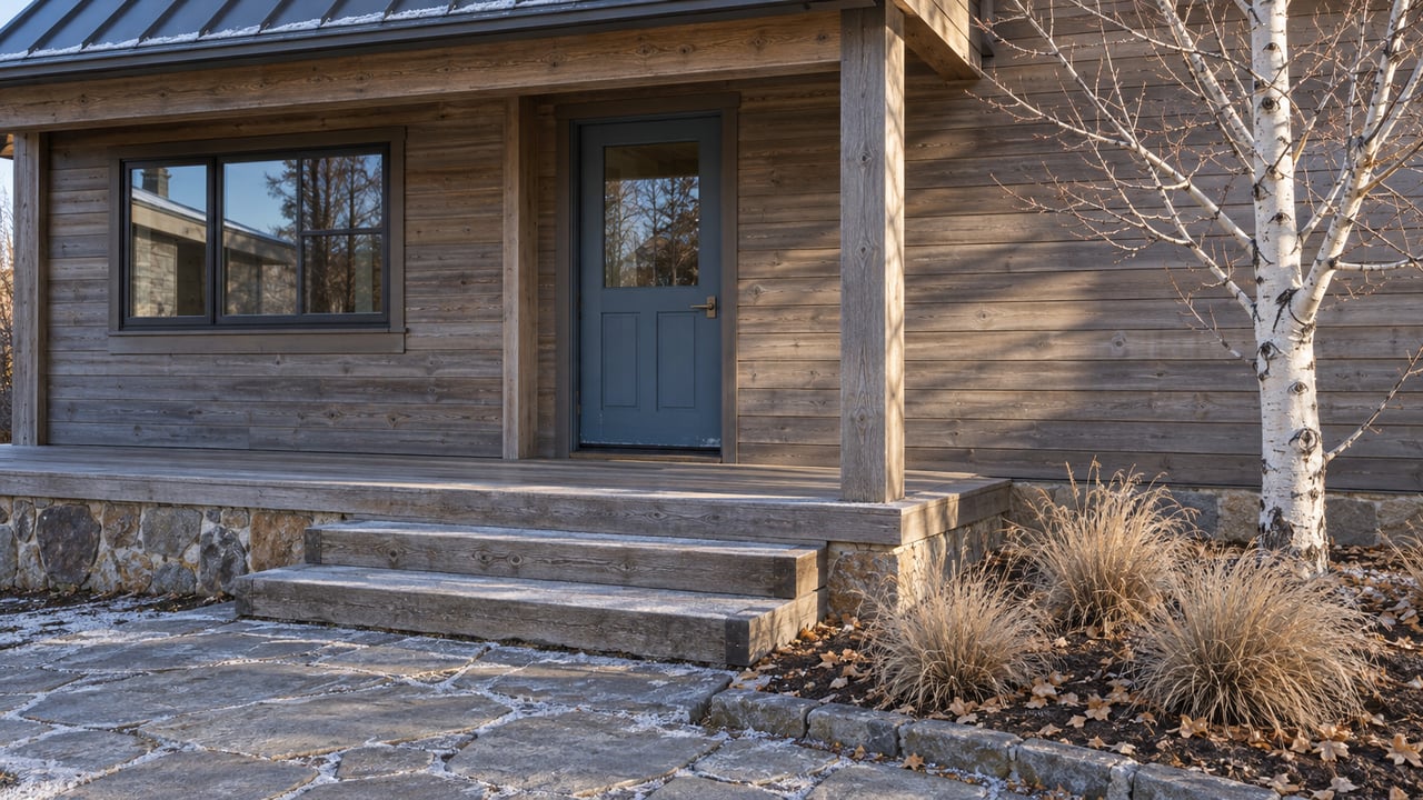 Weathered timber home with a blue entry door, stone approach and frost lingering beside dormant grasses.