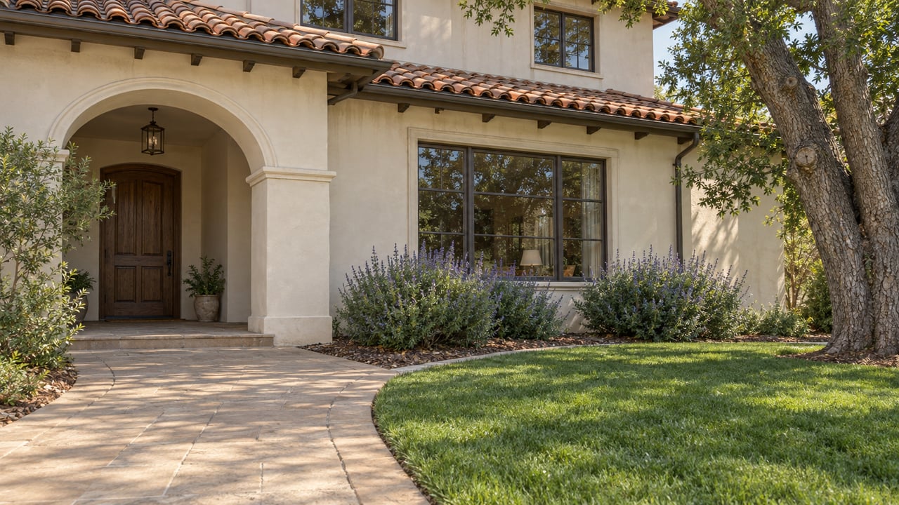 Cream stucco home with terracotta roof tiles, a sheltered arched oak entry, bronze-framed windows and a broad lawn beside a curved paved approach.