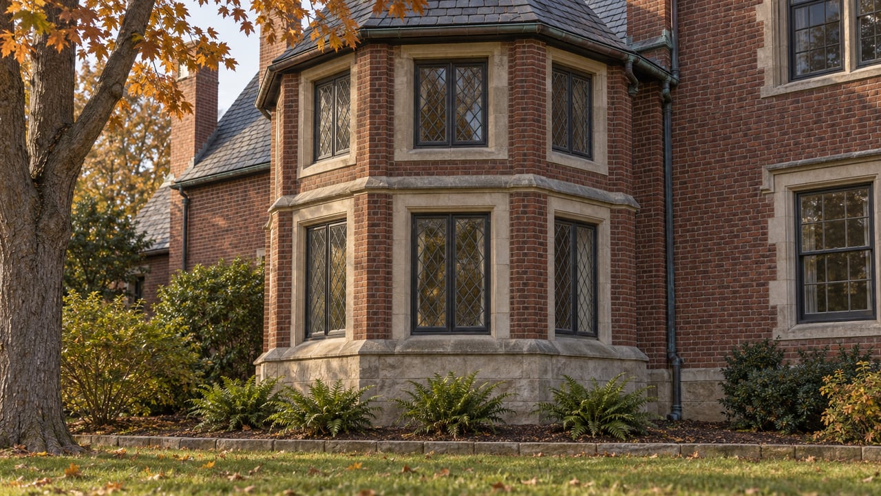 Autumn light crosses a historic red-brick bay with leaded windows, limestone trim, and a low fern bed beside the lawn.