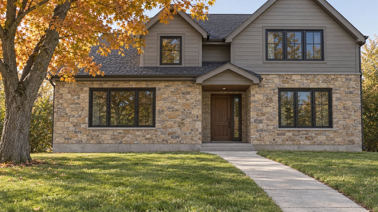 Two-story stone-and-gray-sided house with a recessed walnut door, broad lawn, and amber-leaved maple.
