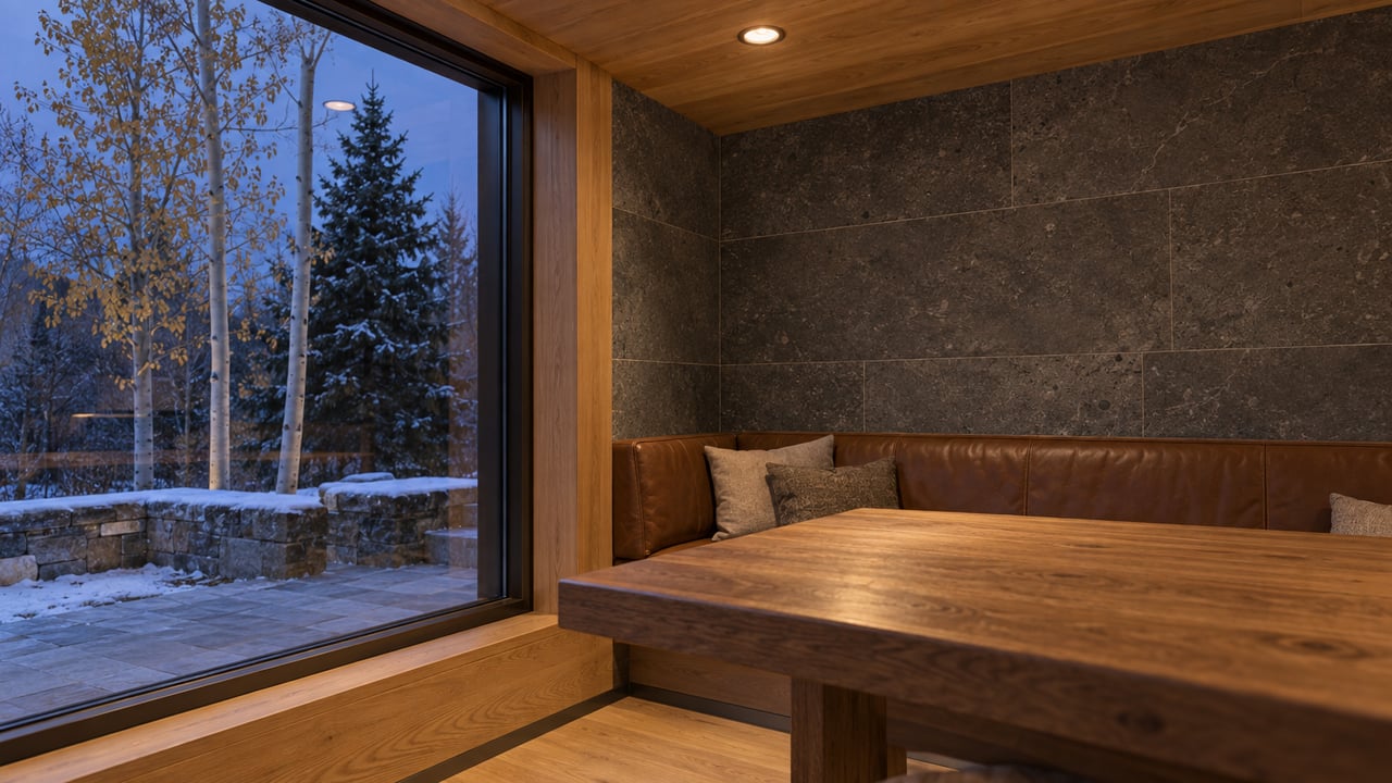 Oak dining alcove with a recessed ceiling light, charcoal stone wall, and snowy terrace beyond a tall window.