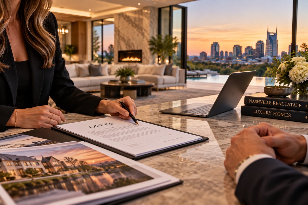 Luxury real estate agent reviewing a purchase offer with a buyer inside an upscale Nashville home, featuring elegant interiors and downtown skyline views, illustrating price negotiations and strategies for buying luxury real estate in Nashville.