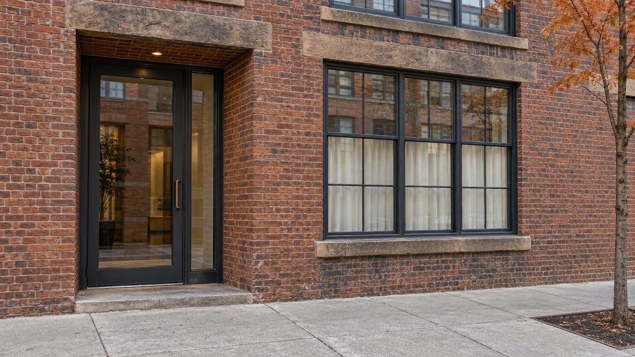 Weathered brick apartment entrance and steel-framed window beside a broad sidewalk and one autumn serviceberry tree.
