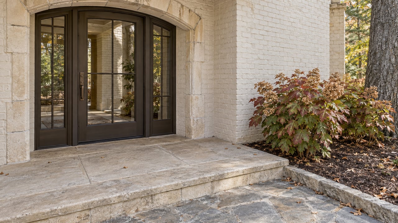Limestone and painted-brick home entrance with bronze-framed glazing, a stone landing and autumn oakleaf hydrangeas.