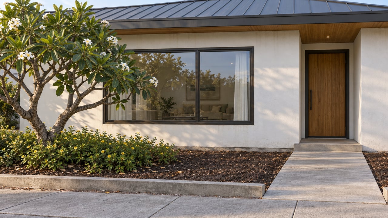 Single-story stucco house with a timber entry, broad window, concrete walkway, and flowering plumeria