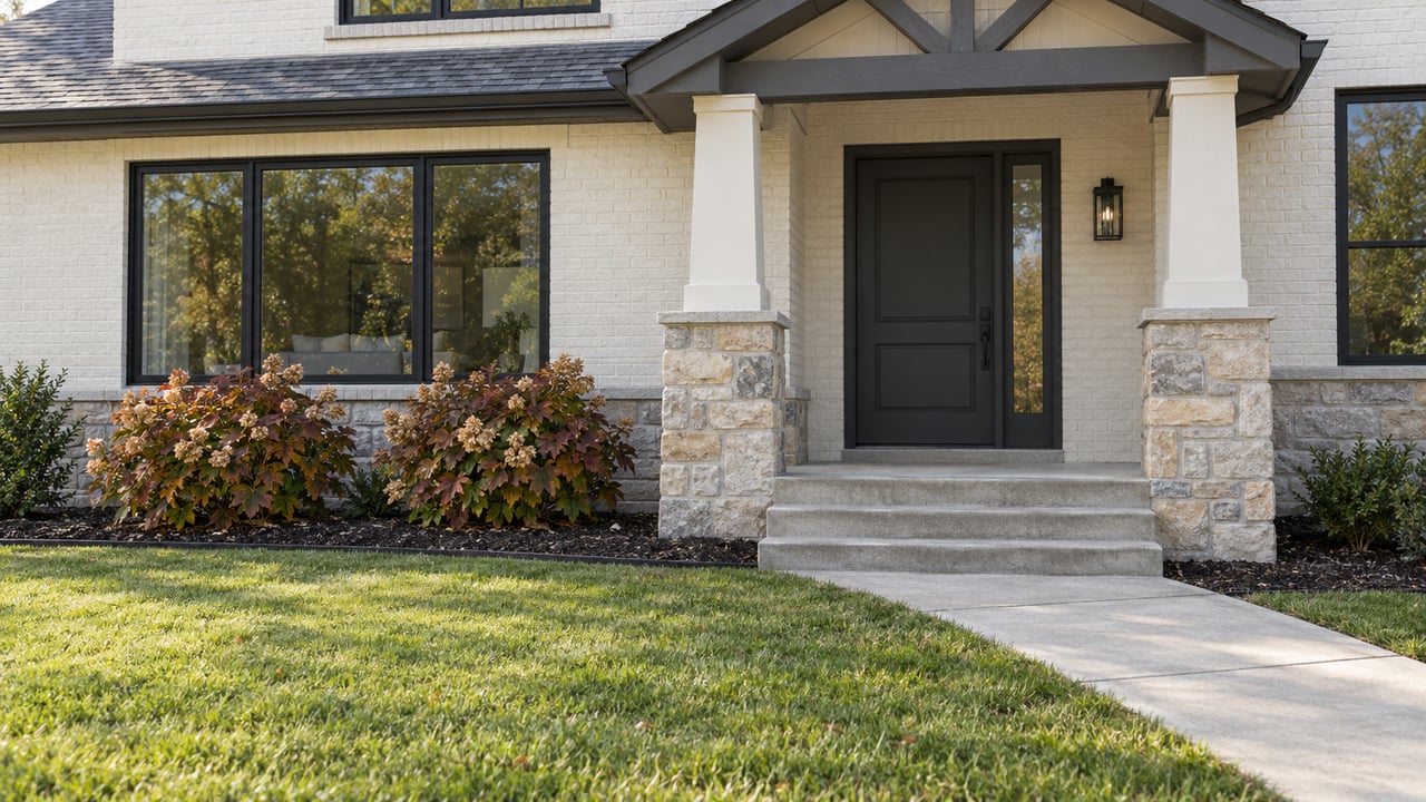 Light painted masonry home with a stone-based covered porch, dark-framed windows and an autumn lawn beside a concrete approach.