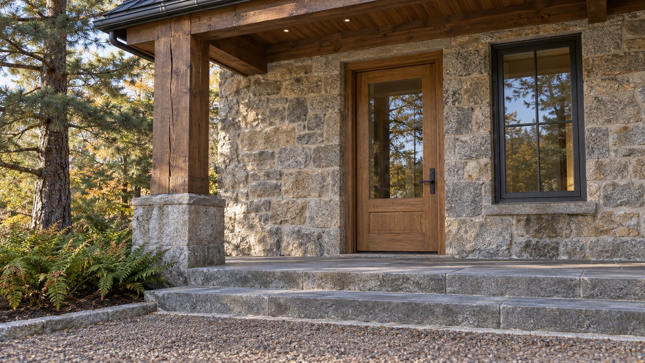 Covered timber entry with granite walls, a glazed oak door, charcoal-framed window and broad bluestone steps beside a white pine.