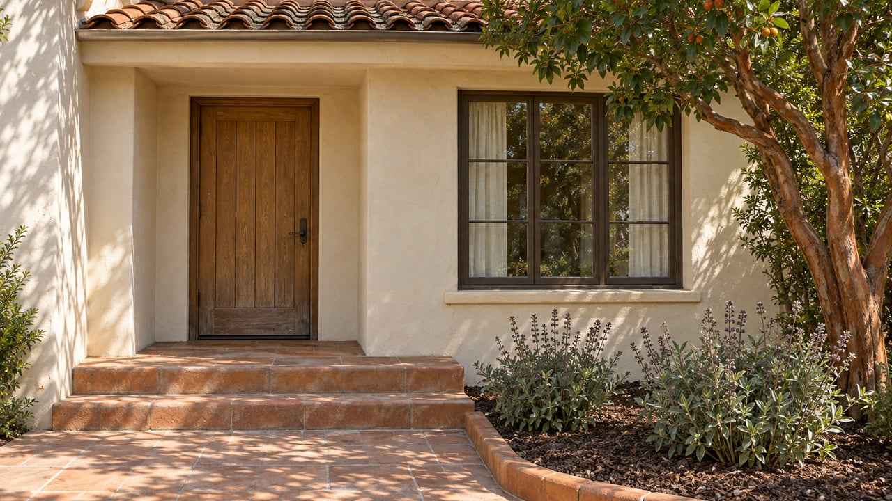 Sunlit ivory stucco home entrance with an oak door, terracotta steps and a mature strawberry tree beside a planted garden bed.