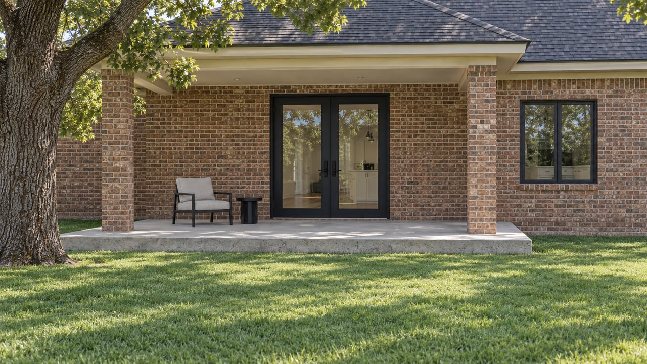 Red-brown brick house with black French doors, a raised concrete terrace, and a broad lawn beneath an oak.