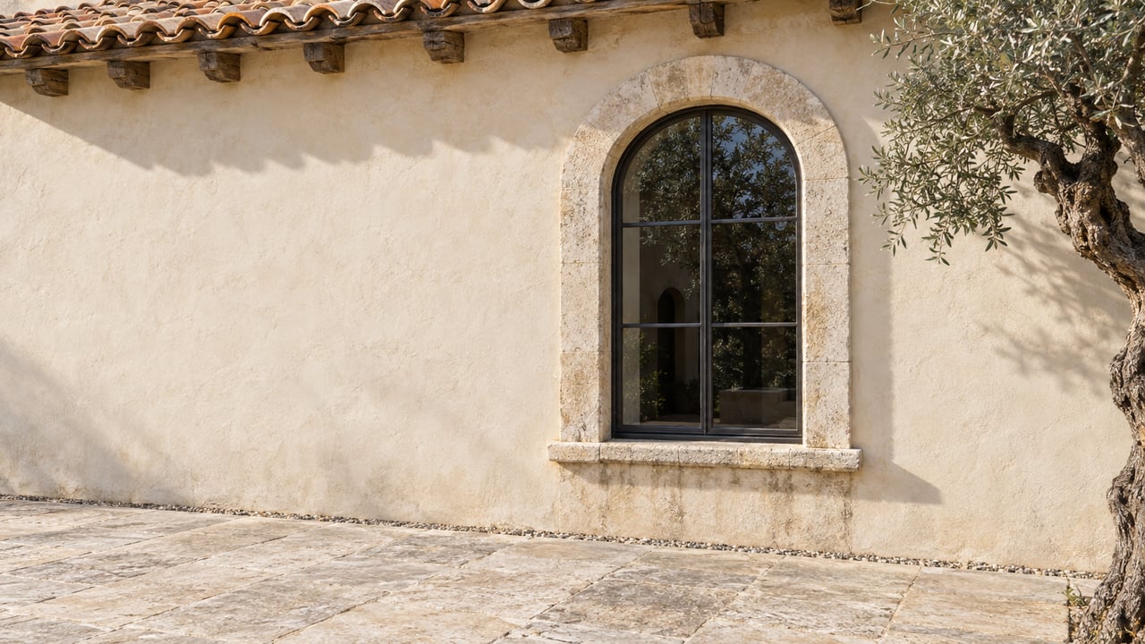 Ivory stucco villa wall with an arched steel-framed window, terracotta eaves, limestone paving, and an olive tree.