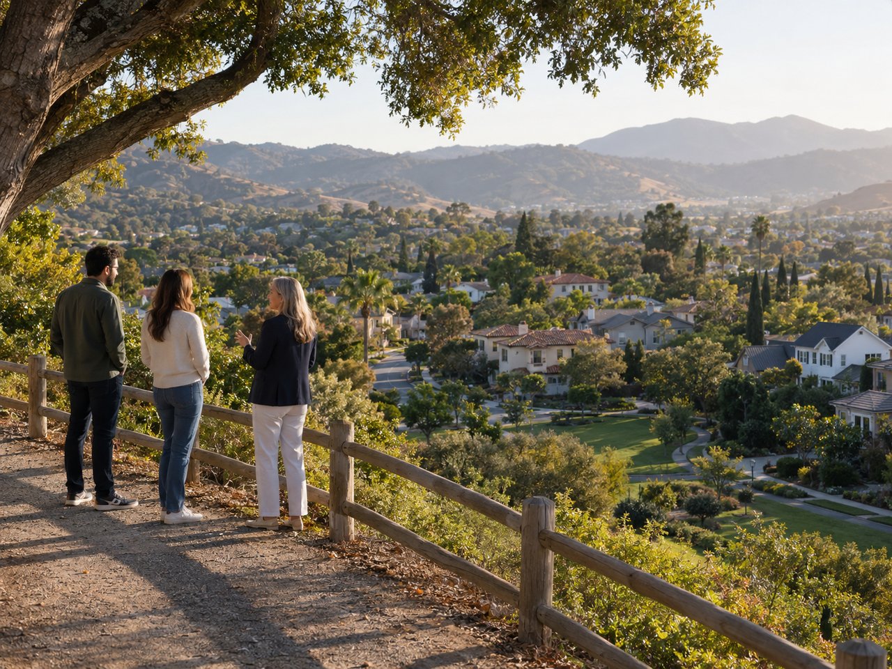 An early-morning residential scene gives buyers space to consider location and daily life before individual properties begin shaping the decision.