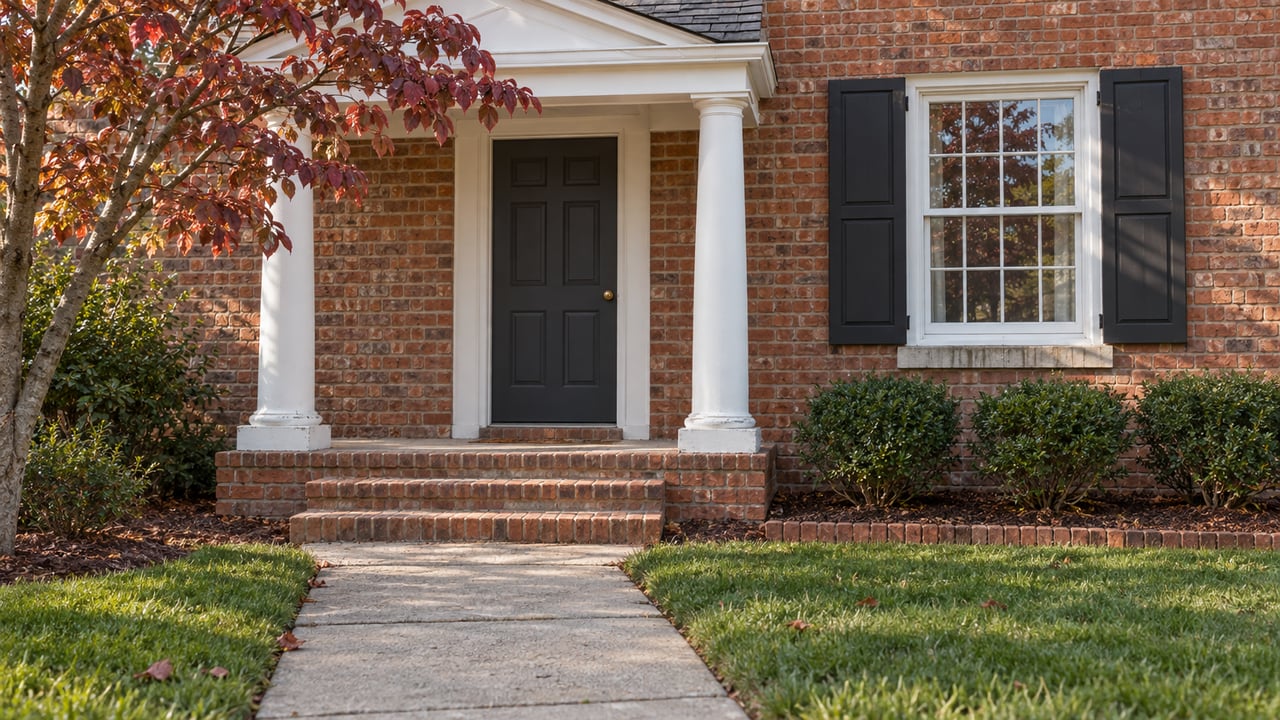 Brick home entrance with white porch columns, black shutters and a concrete walk bordered by lawn and inkberry hollies.