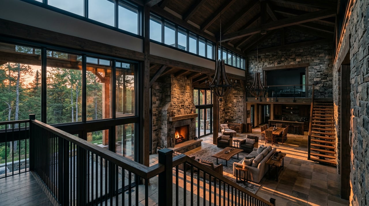 Double-height great room with timber beams, a rough-cut stone fireplace, and sunlit oak floors beside a glass wall.