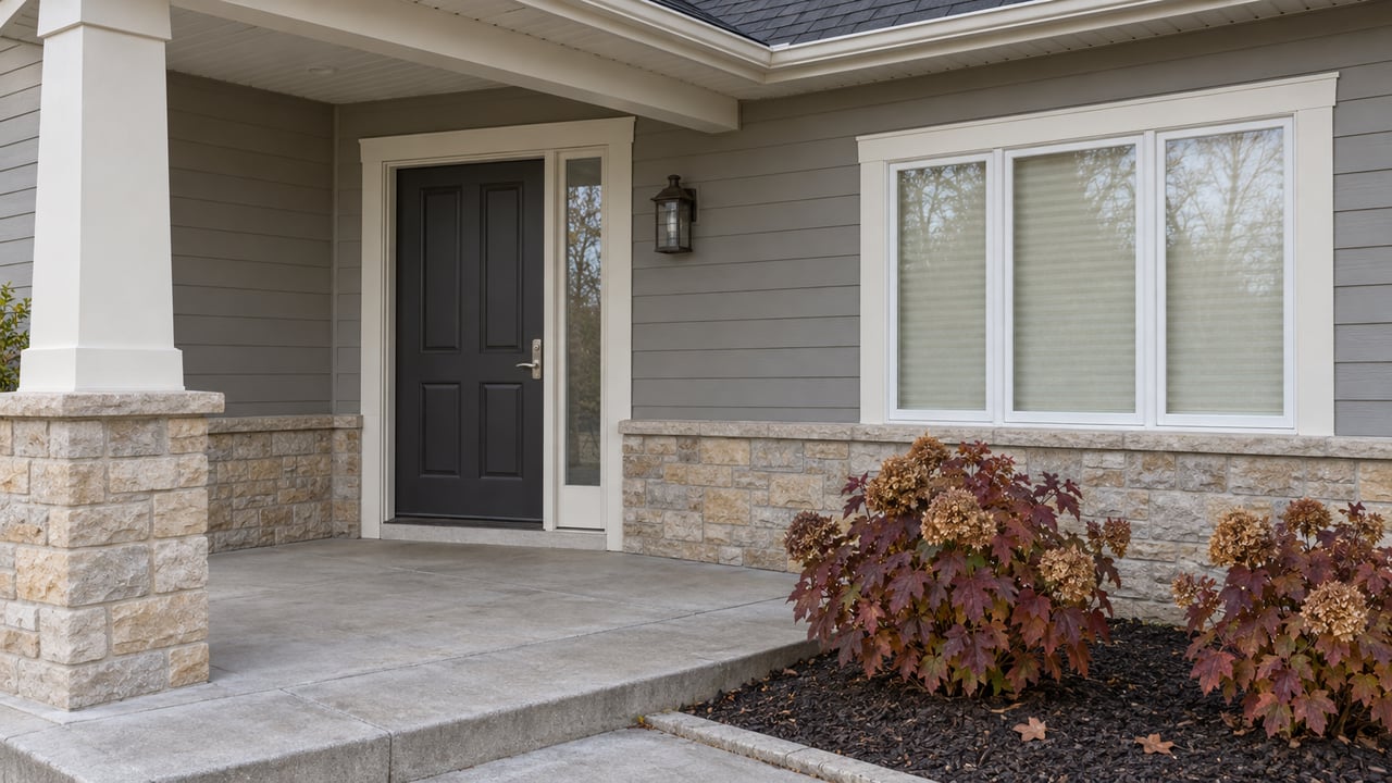 Covered front entry with gray lap siding, buff stone accents, a charcoal door and burgundy oakleaf hydrangeas.
