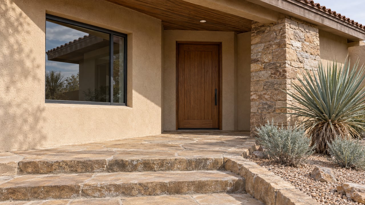 Close view of a warm stucco home entrance with an oak door, sandstone steps and blue-green yucca in a gravel planting bed.