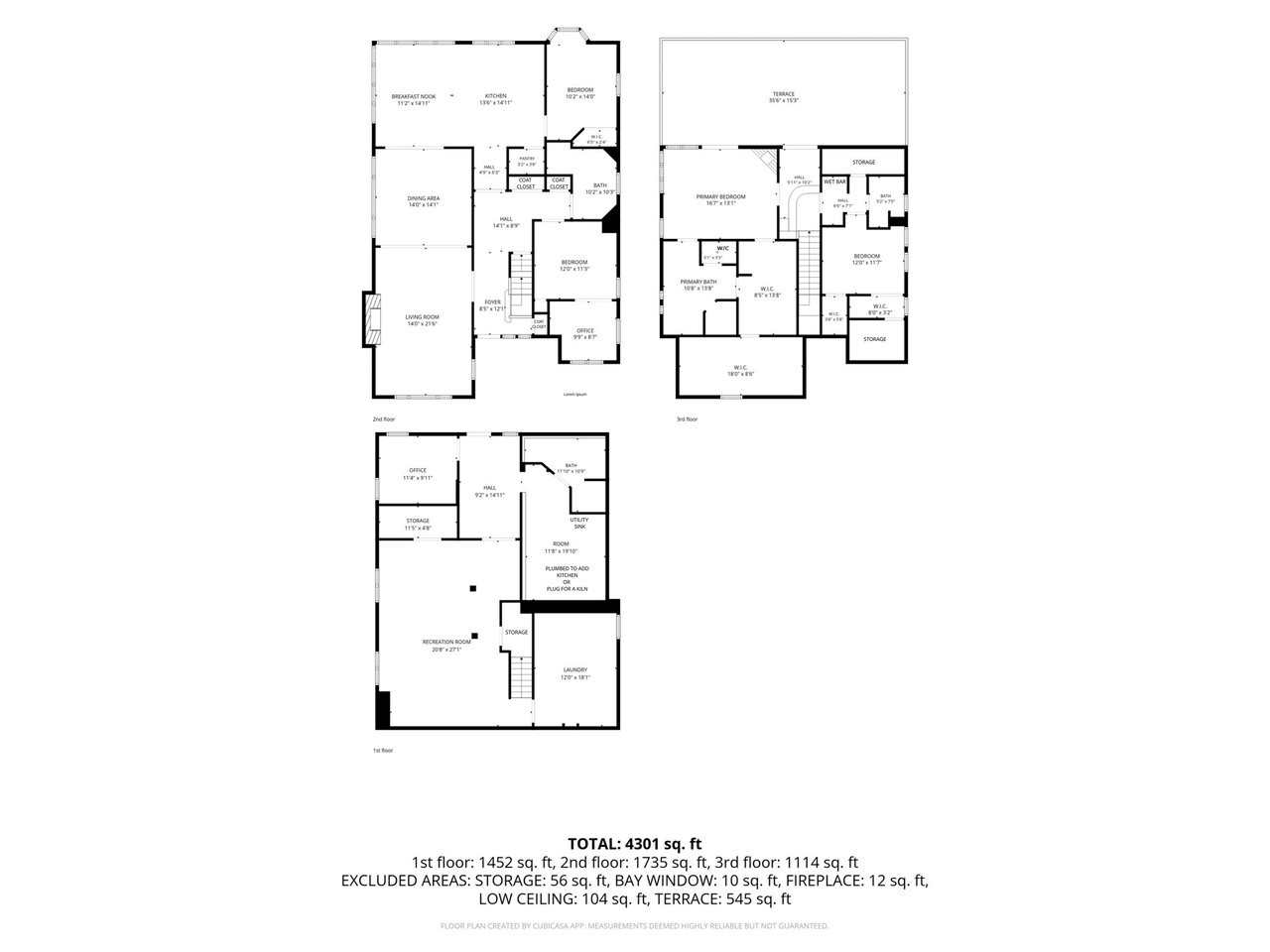Three-floor home plan with labeled rooms and a 4,301-square-foot total area.