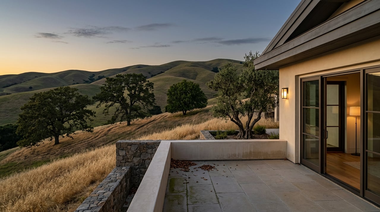 Hillside home terrace at dusk, with a lit wall sconce, glowing interior lamp, olive tree, and rolling hills.
